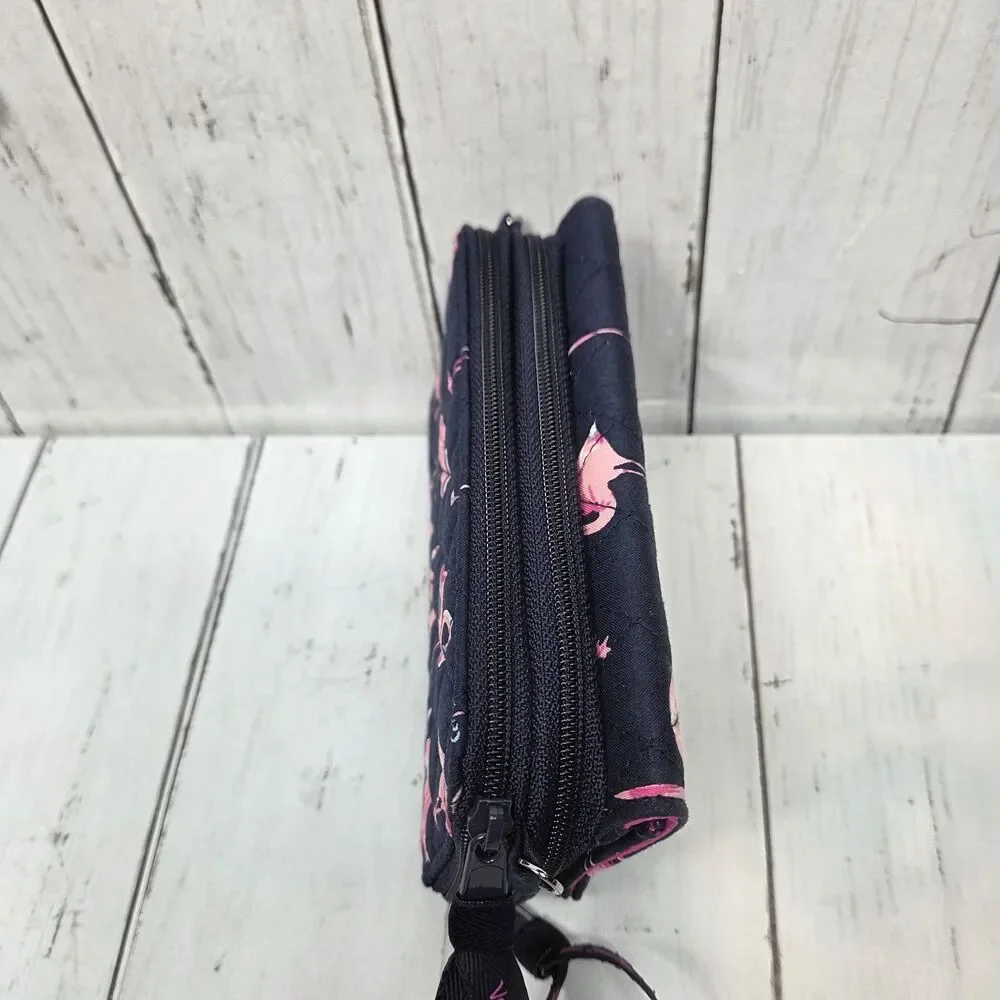 Vera Bradley Pink Flamingo Quilted Wallet Navy Blue RFID Multi Compartment GUC